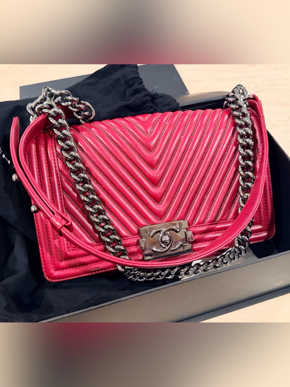 CHANEL Boy Flap Bag, Red Chevron Quilted with Silver-Tone Chain, Medium